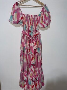 Sunday Up Pink Brushstroke Puff Sleeve Maxi Dress size girls  large